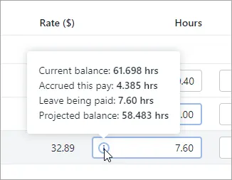 Example leave balance info in a pay run