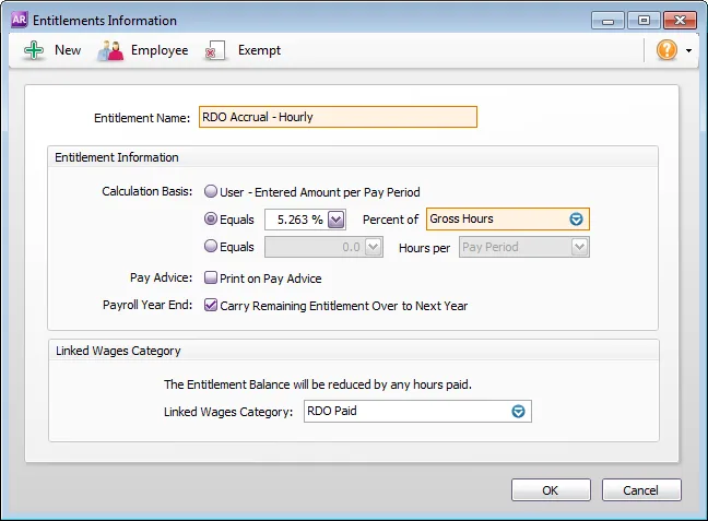 Example RDO entitlement set up for an hourly basis