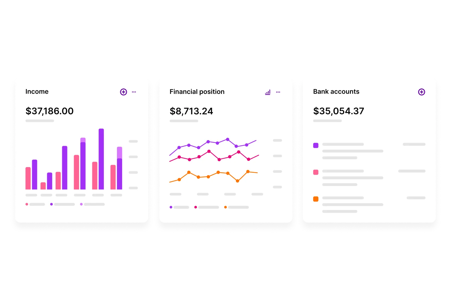 Easily keep track of business data with a view of your income vs expenses, your financial position over time and your bank accounts. 