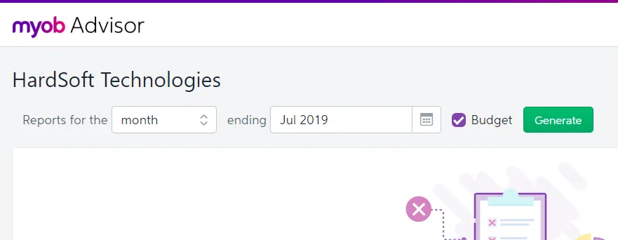 MYOB Advisor showing Reports for the (month) and ending (month and year) fields, a Budget checkbox and Generate button.