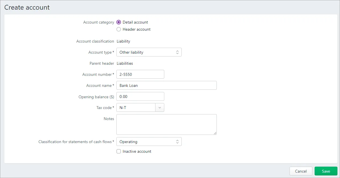 Example loan liability account