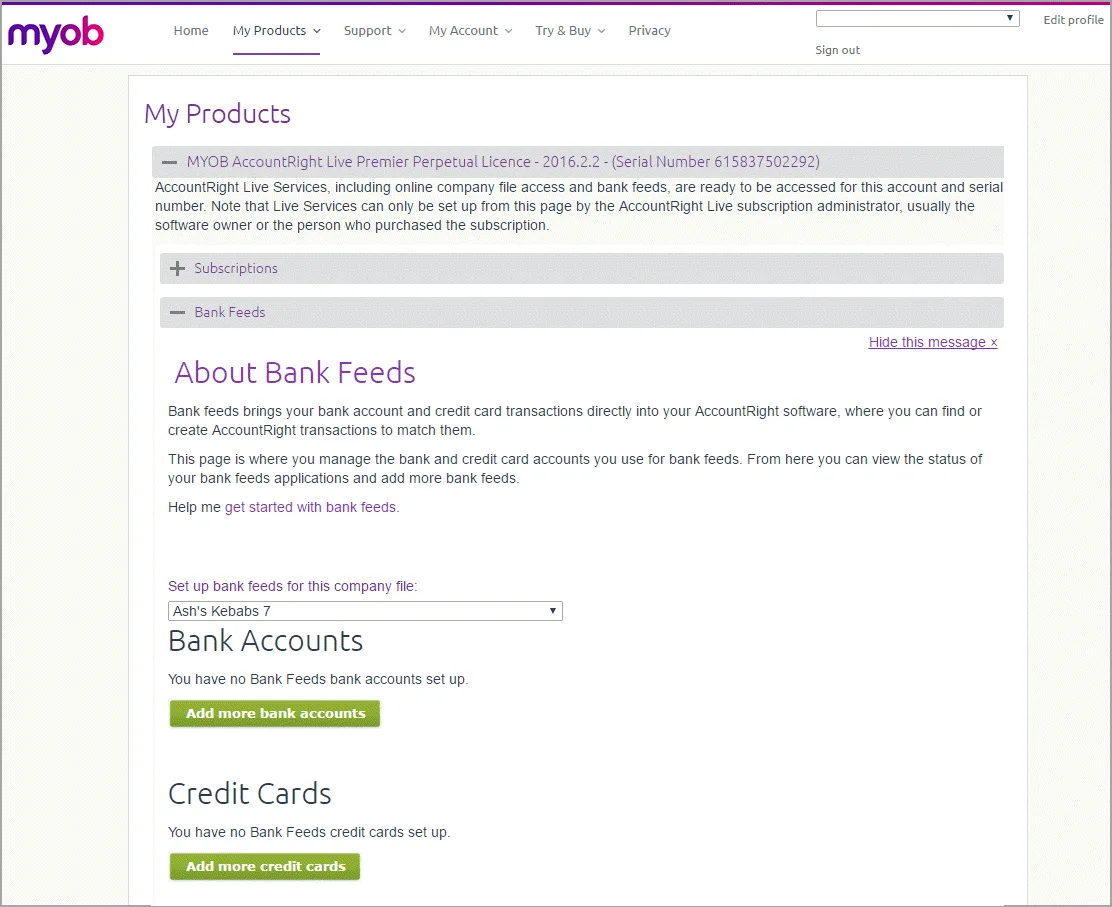 My products page - Add a bank feed