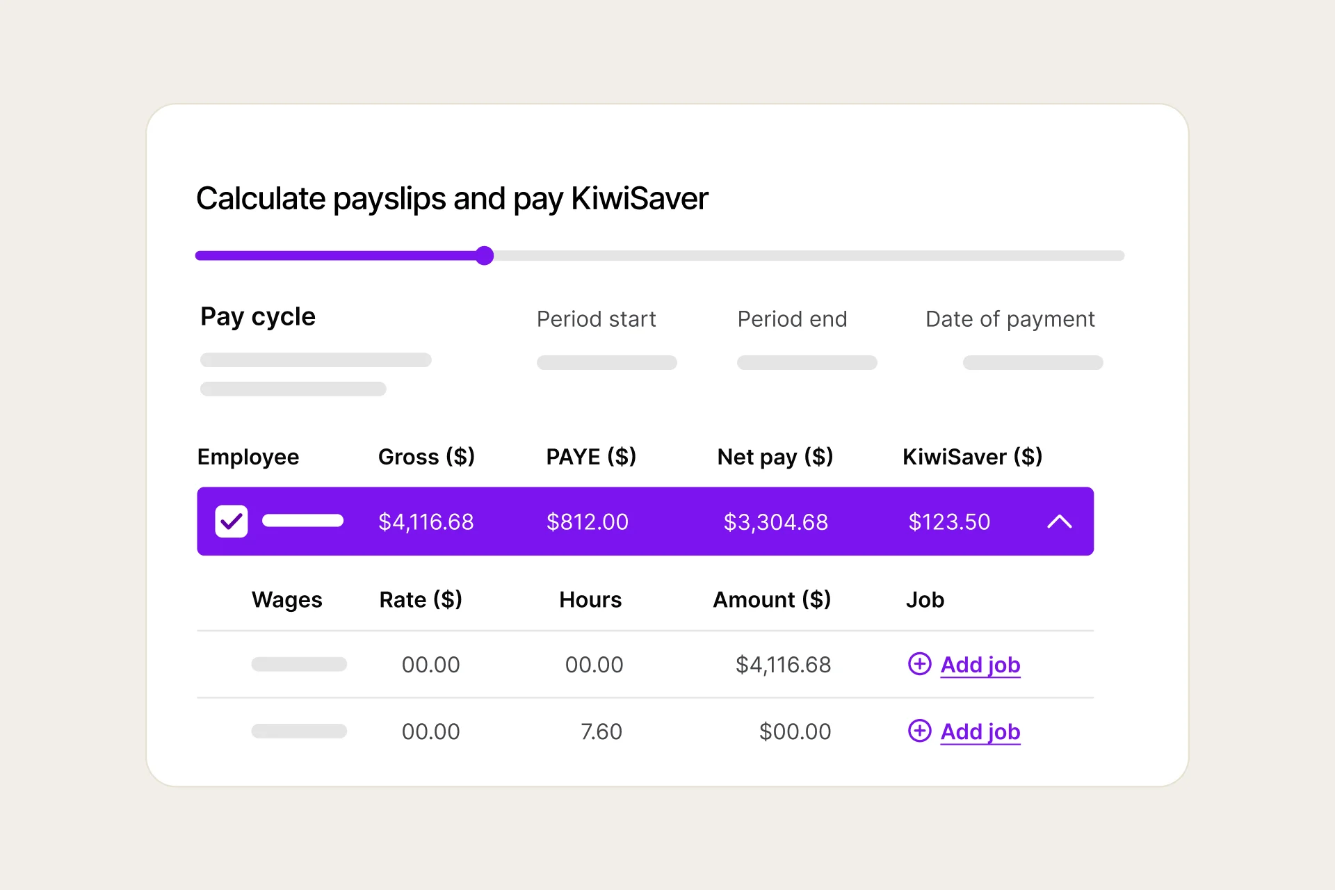 The calculate pays screen. At the top of the screen are the pay cycle details, including the start date, end date and the date of payment. Below is a list of employees, their gross wage, PAYE tax, net pay and Kiwisaver. From this screen, there's also the option to assign jobs to each employee.