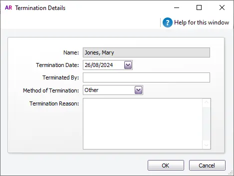 Example termination details window