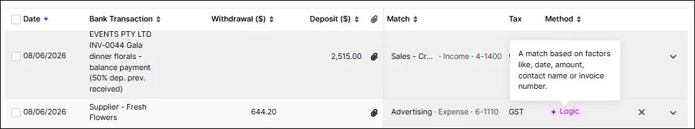 An automatic match is identified by Logic in the Method column. You can accept or reject the match.