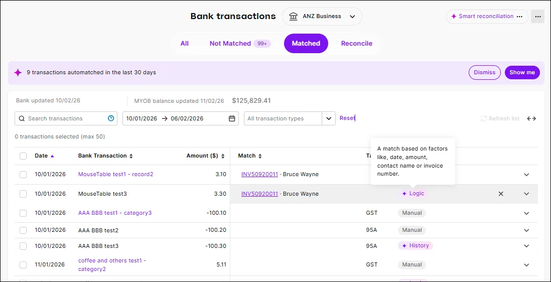 An automatic match is identified by Logic in the Method column. You can accept or reject the match.