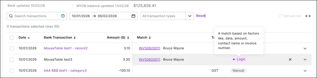 An automatic match is identified by Logic in the Method column. You can accept or reject the match.