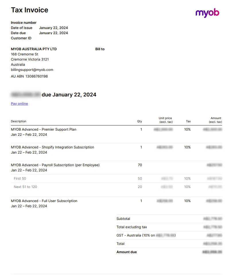 MYOB Advanced Professional Services invoice example