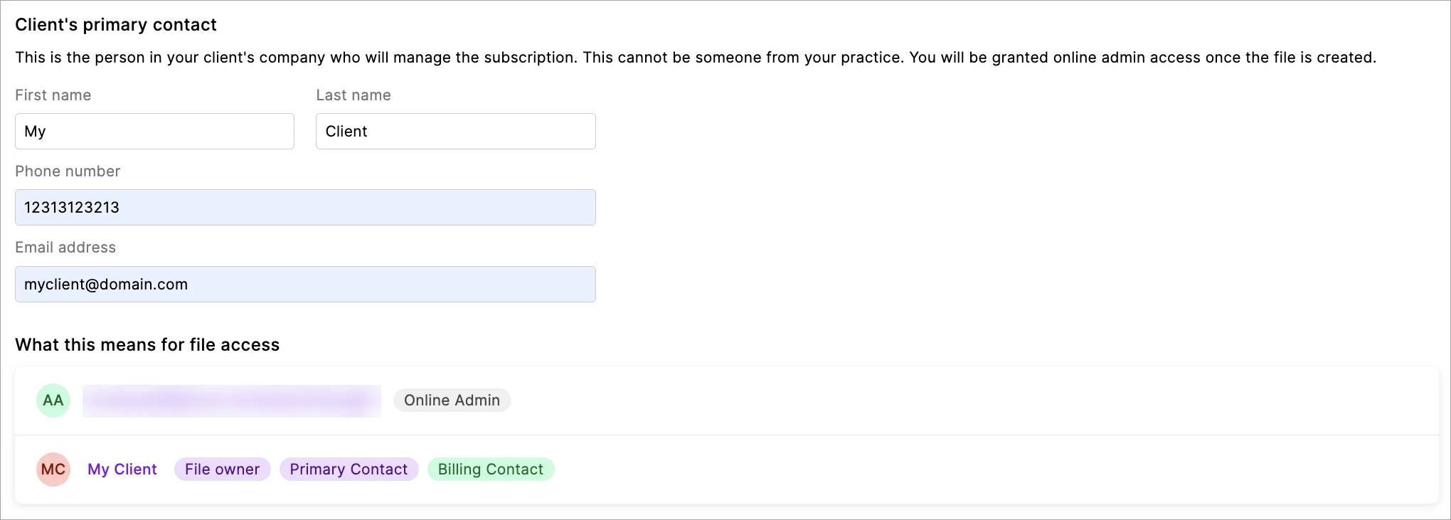 Primary contact - What this means for file access - Showing who is Online Admin and Billing Contact