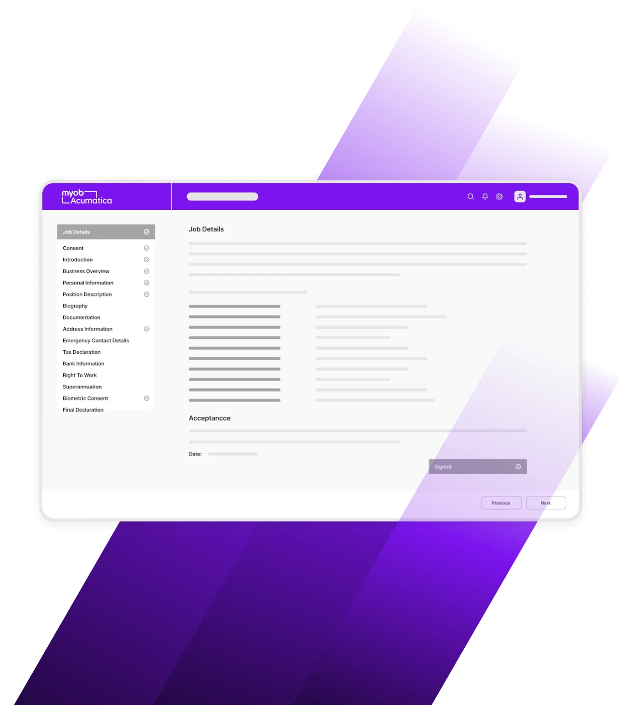 MYOB Acumatica job details form with sidebar navigation showing employment information fields against a purple background.