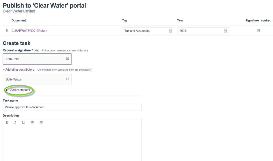 Publish to 'Clear Water' portal page with the Add contributor option highlighted.