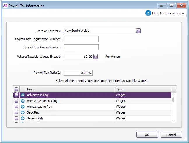 Payroll tax information window