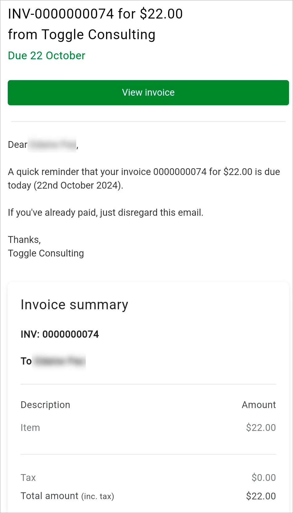 Invoice reminder email - 1 day