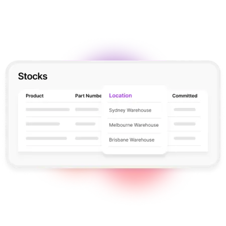 A render of the MYOB CRM stock screen, with the column "location" in focus.