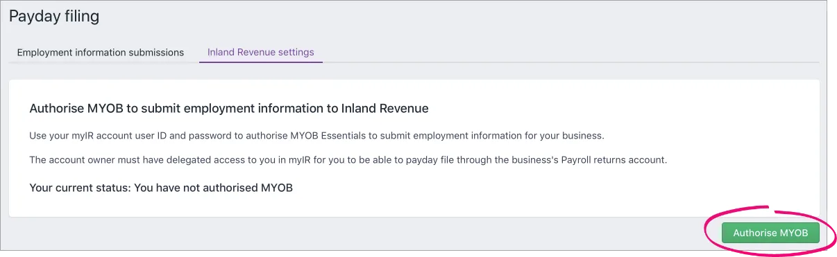 Inland revenue settings tab with authorise MYOB button highlighted