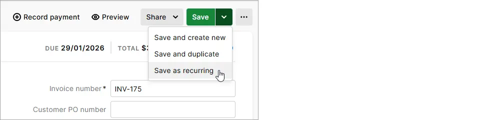 Save dropdown clicked with save as recurring shown
