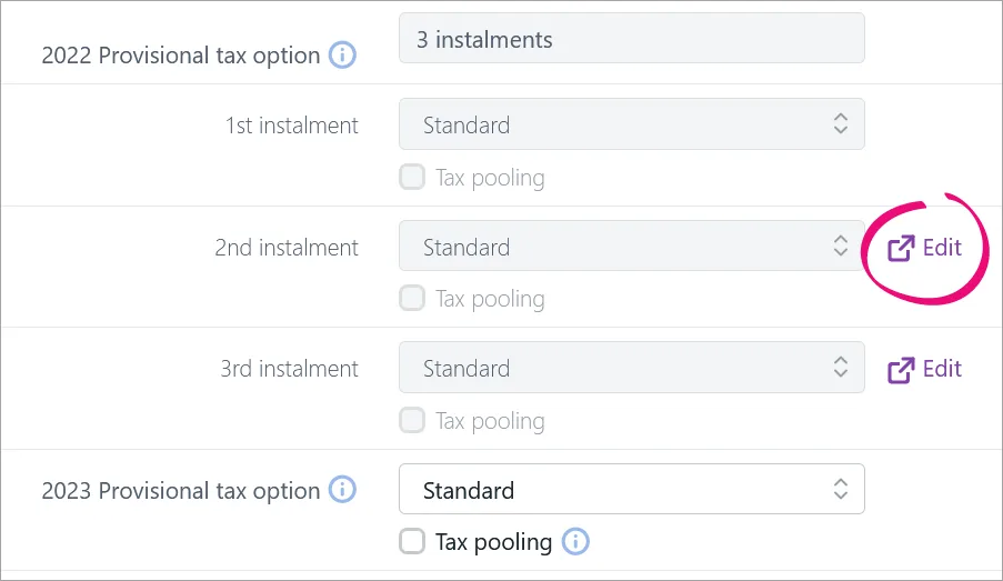 Edit highlighted in Provisional tax option section