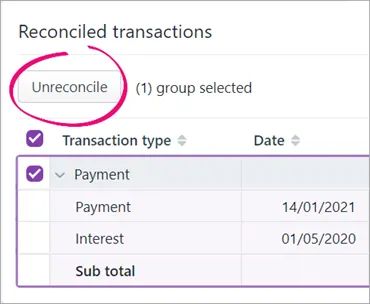 Unreconcile button highlighted in the Reconciled transactions section, above the Payment column
