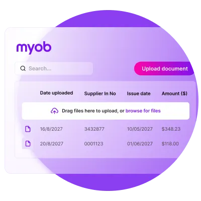 MYOB Supplier Connect interface displaying incoming supplier receipts.