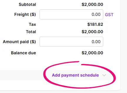 Example invoice with add a schedule highlighted