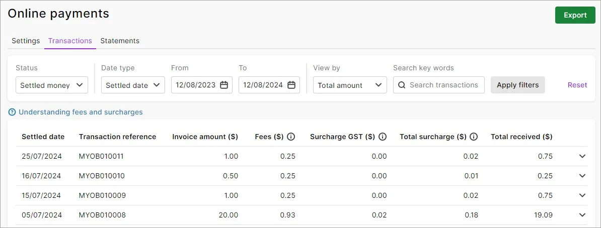 Paid transactions with Settled money status