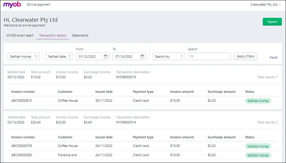 Paid transactions with Settled money status