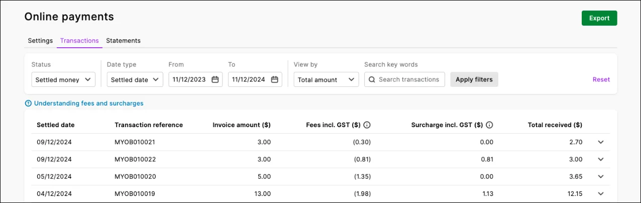 Paid transactions with Settled money status