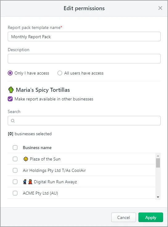 Example edit permissions screen for a report pack template