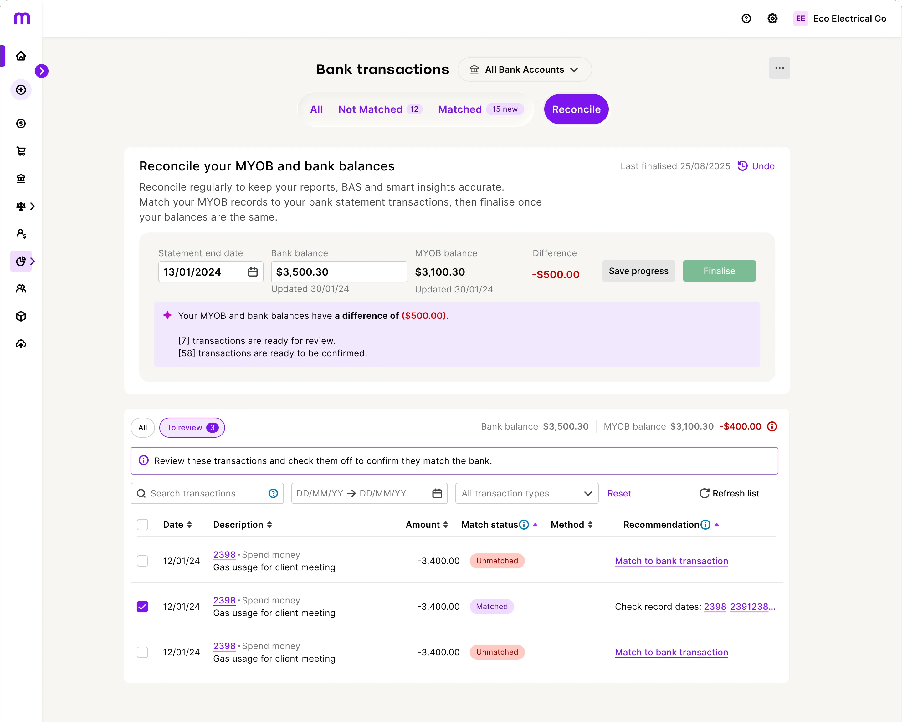 Reconcile view of the Bank transactions page