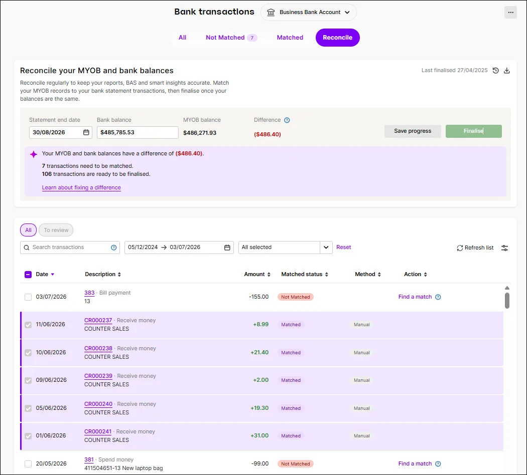 Reconcile view of the Bank transactions page