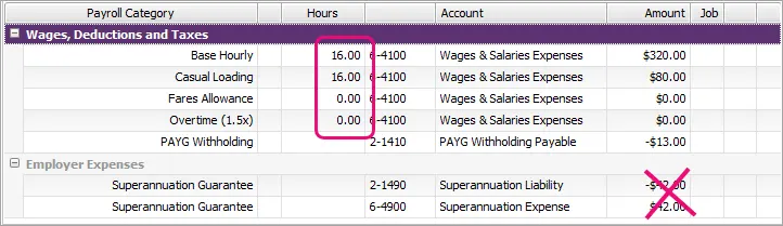 Example pay run with hours highlighted and a red cross through the super amount