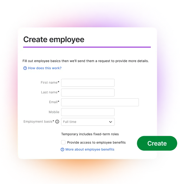 UI of 'create employee screen', includes fields for first name, last name, email, mobile and employment basics.