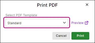 Print PDF window with the standard invoice template selected 