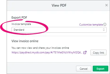 View PDF window with the standard invoice template selected in the invoice template field