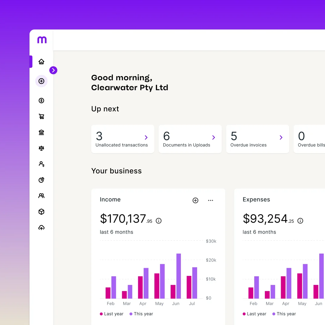 A business dashboard showing income of $170,137 and expenses of $93,254 with bar charts, transaction alerts, and a purple sidebar.
