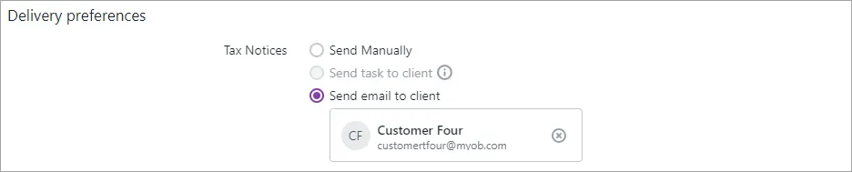 Delivery preferences showing the Tax Notices options Send Manually, Send task to client and Send email to client, with Send email to client selected and a customer name and email displayed beneath the option.