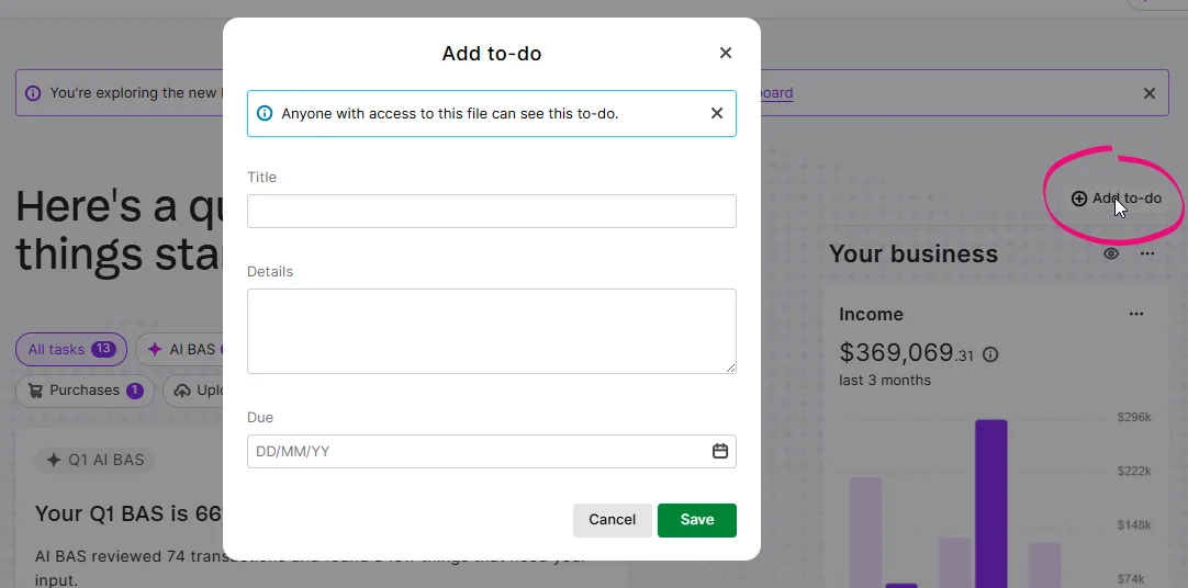 Add to do clicked with new screen shown where to do details can be entered