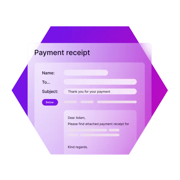 A payment receipt email form displayed over a purple hexagon graphic, with fields for name, recipient, and subject.
