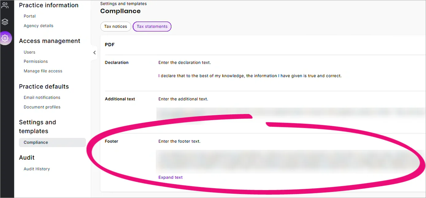 Tax statements settings footer