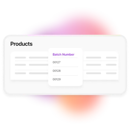 A render of the products screen in MYOB CRM, with the "batch number" column in focus.