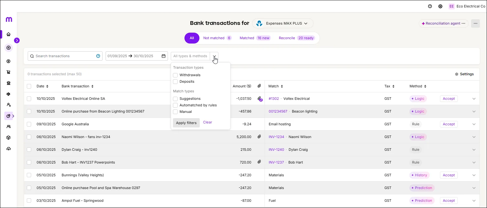 Use the filters to find matches suggestions predictions and unmatched transactions