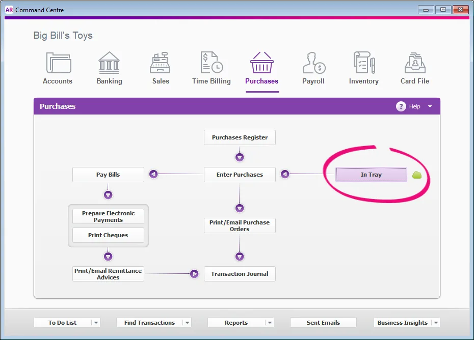 In Tray button on the Purchases command centre