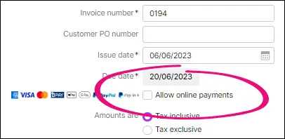 Allow online invoice payments option deselected