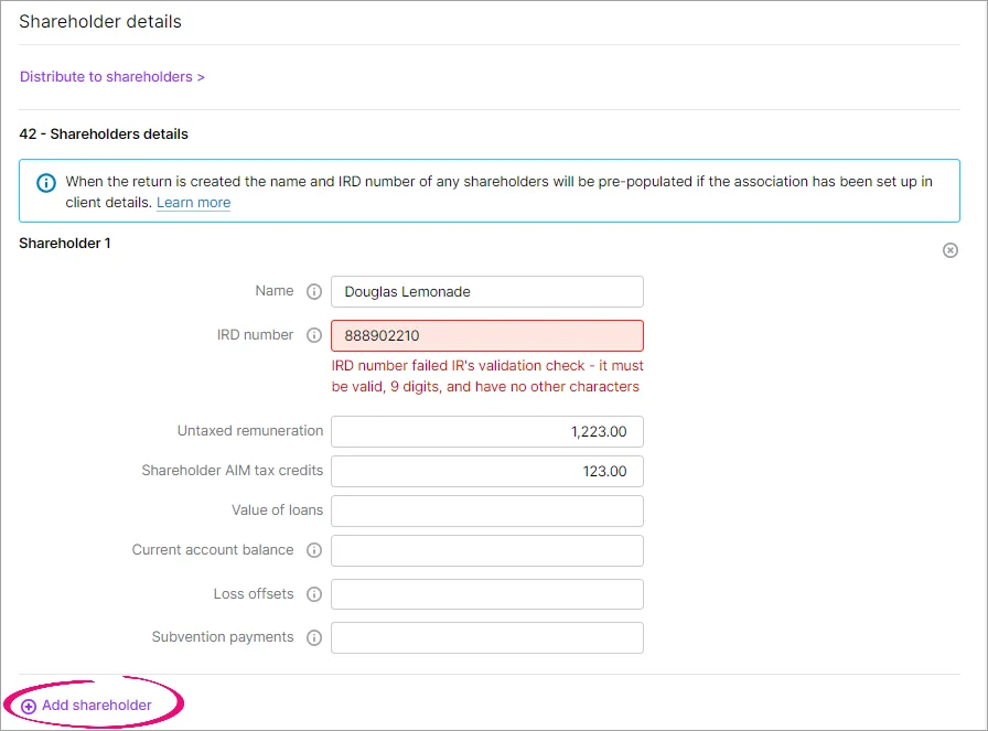 Add shareholder option highlighted at the bottom of the Shareholder details section