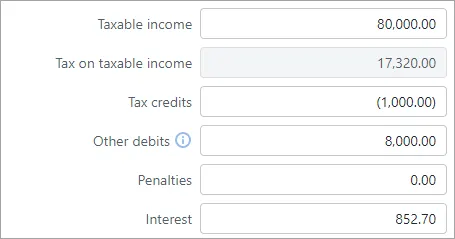 The fields Taxable income, Tax on taxable income, Tax credits, Other debits, Penalties and Interest and their values