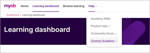 MYOB Academy Learn dashboard with the Help options displayed and Contact Academy highlighted.