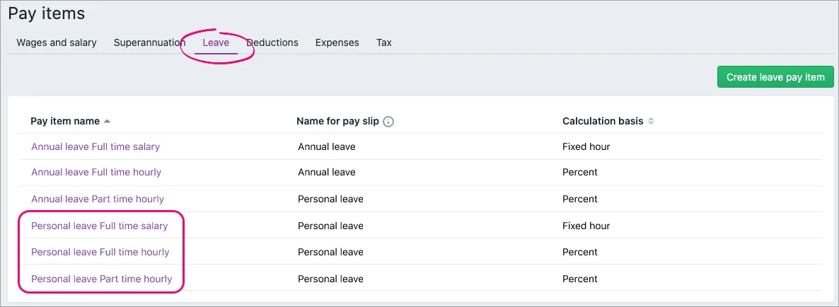 Example personal leave pay items highlighted