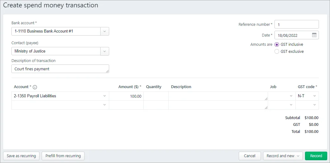 Example spend money transaction for court fines payment