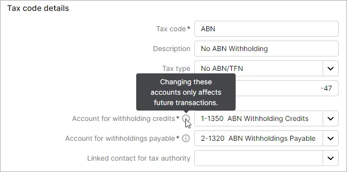 Example ABN tax code with mouse hovering over the account field with help displayed