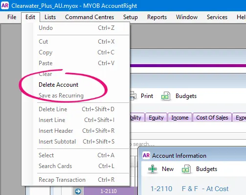 Edit menu clicked with delete account option highlighted